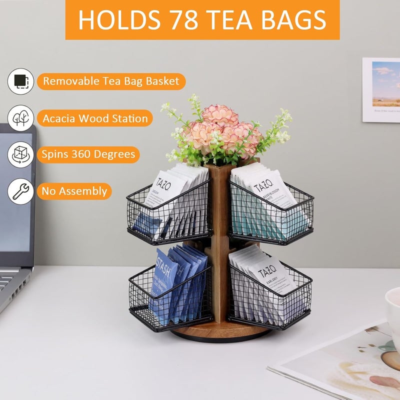 HTB Carousel Tea Bag Organizer for Counter, 2 Tier Tea Bag Holder with 6 Removable Tea Baskets and Acacia Wood Station, Tea Organizers and Storage for Cabinet, Countertop - Image 5